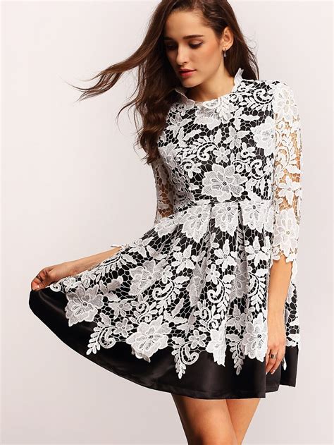 White Black Crochet Lace Flare Dress Sheinsheinside