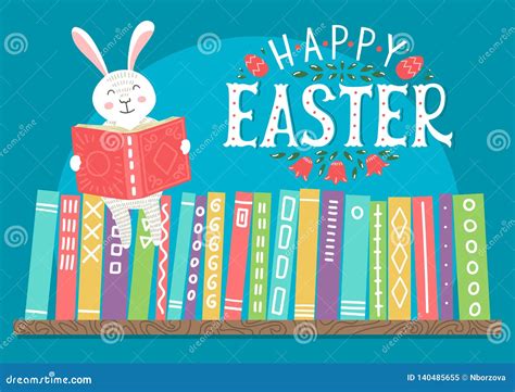 Happy Easter Easter Bunny Reading Book On Bookshelf Stock Vector
