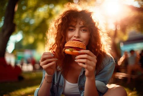 Premium AI Image A Beautiful Woman Eating Hamburger