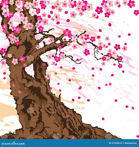 Sakura Tree In Japanese Style Watercolor Hand Painting Illustration