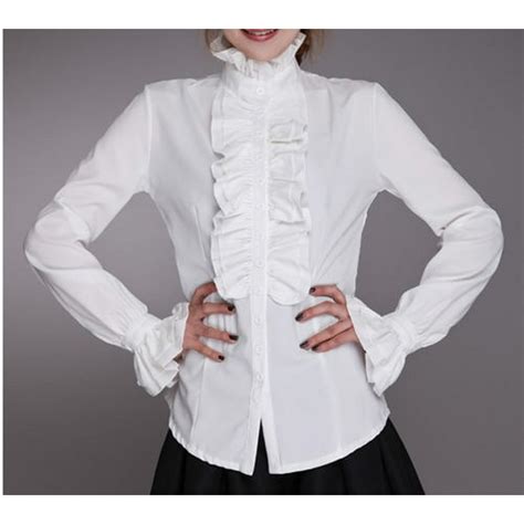 Canis Victorian Womens Long Sleeves Tops High Neck Frilly Ruffle