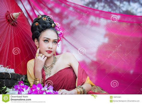 Beautiful Thai Girl In Traditional Dress Costume In Choeng Tha A Stock