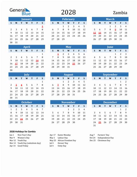 2028 Printable Calendar With Zambia Holidays