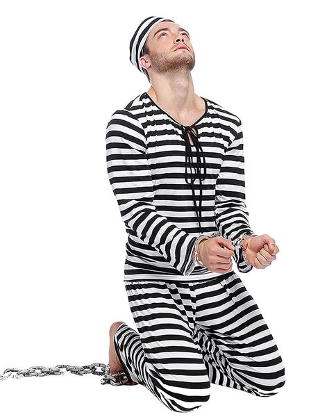 orion costumes mens prison black and white stripe convict jail uniform fancy dress costume