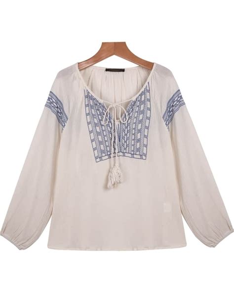 Apricot Long Sleeve Embroidered Loose Blouse Sheinsheinside
