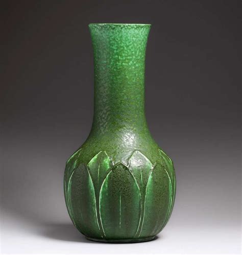 Huge Grueby Pottery Matte Green Overlapping Leaf Vase C1905