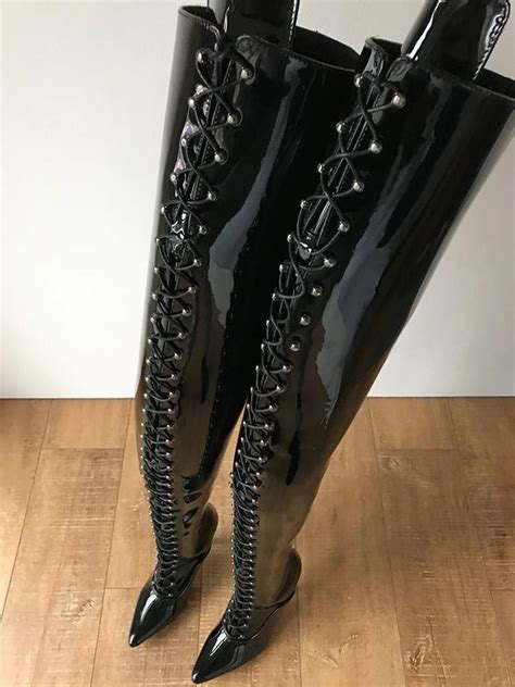 Boots Crotch Hard Shaft Laceup Heel 18cm Stiletto Black Patent Leather Pointed Toe 95 Cm Shoes