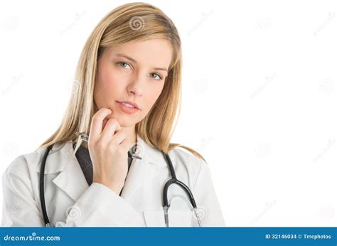 Thoughtful Female Doctor With Hand On Chin Stock Photo Image Of