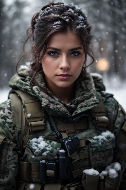 Premium Ai Image A Woman In A Military Uniform With A Gun In The Snow