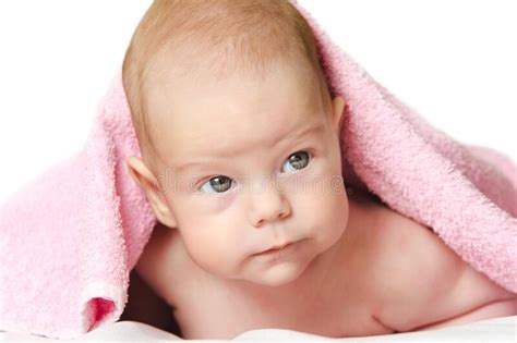 Baby Girl After Bath Wrapped In Red Towel Laying And Posing Stock Photo Image Of Innocent