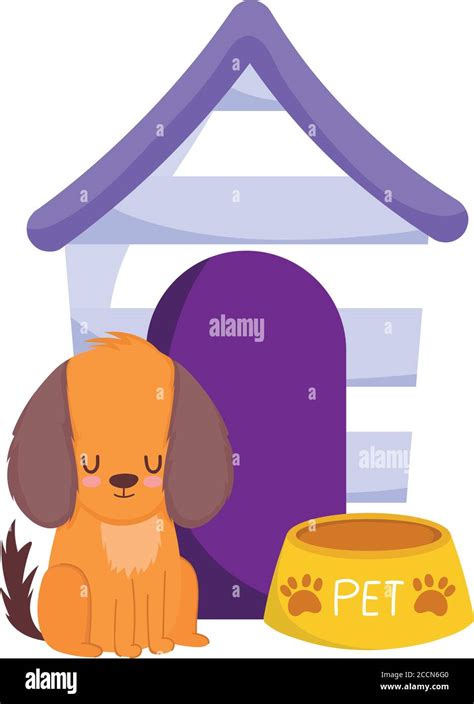 Pet Shop Dog Sitting With Bowl And House Animal Domestic Cartoon