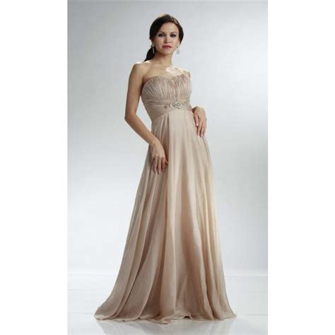 Sheath Empire Waist Long Champagne Chiffon Prom Dress With Beading