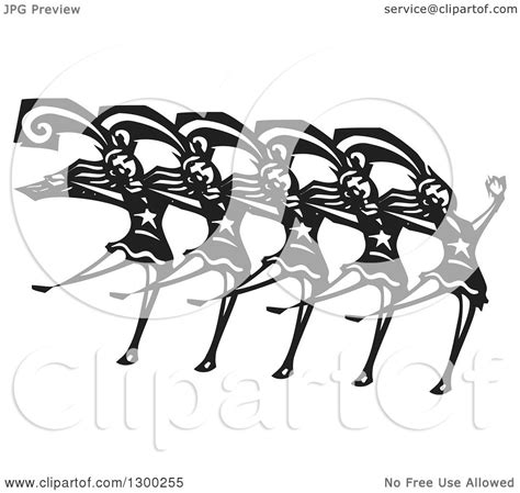 Clipart Of A Black And White Woodcut Chorus Line Of Dancing Ladies
