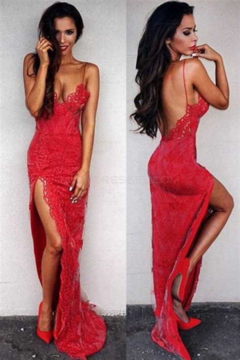 Sexy Long Red Lace Prom Evening Party Dresses