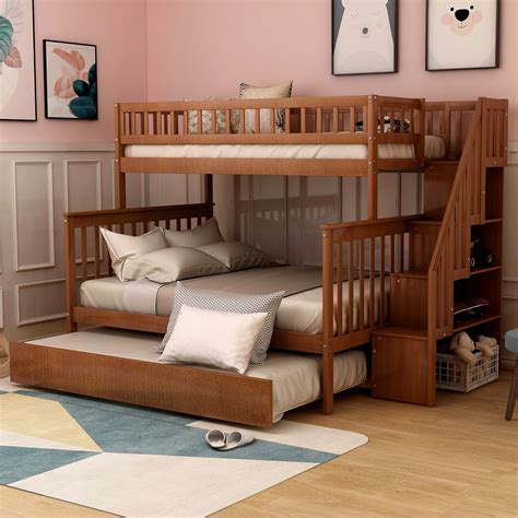 Euroco Twin Over Full Bunk Bed With Trundle And Stairs For Kids