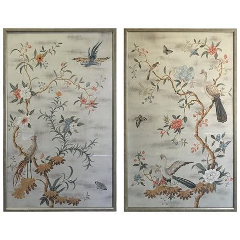 Pair Of Framed Modern Midcentury Gracie Chinoiserie Wallpaper Panels At