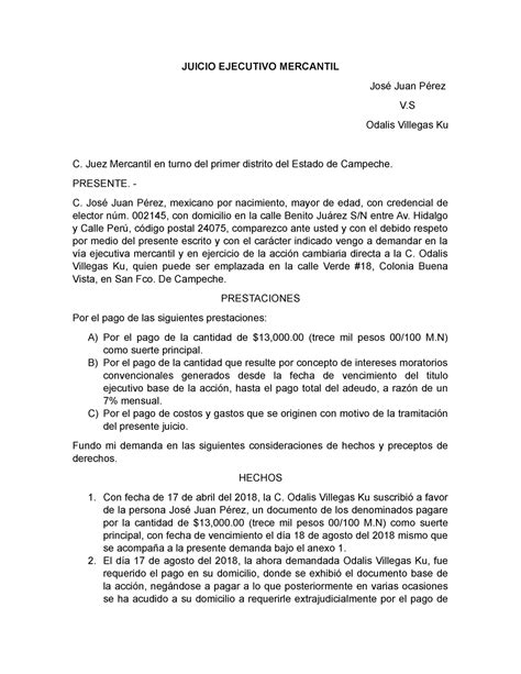 Demanda De Juicio Ejecutivo Mercantil Juicio Ejecutivo Mercantil José Juan Pérez V Odalis