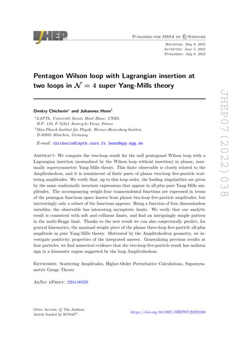 Pdf Pentagon Wilson Loop With Lagrangian Insertion At Two Loops In N