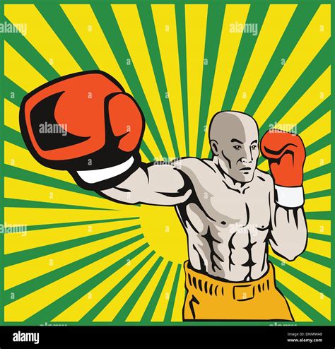 Illustration Of A Boxer Jabbing Punching Front View Done In Retro Style