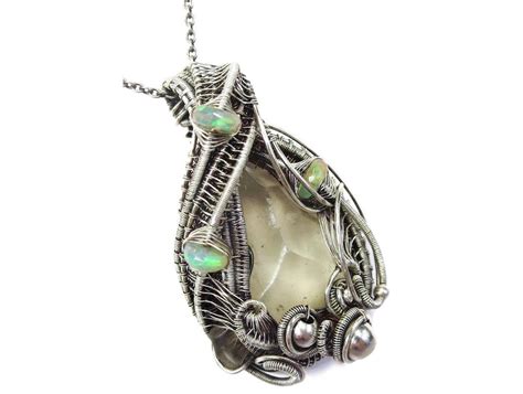 Libyan Desert Glass Pendant Wire Wrapped With Ethiopian Opals In Sterling Silver Heather