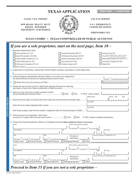 Texas Fireworks Tax Forms Ap 201 Texas Application For Sales Tax Perm
