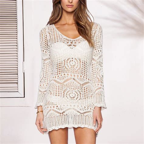 Sexy White Lace Beach Dresses Women Summer Long Sleeve Tunic Crochet Hollow Beachwear Mini Dress