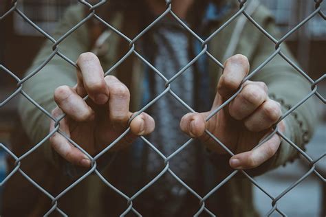 Person Holding Gray Link Fence People Hand Fence Outdoor Prison