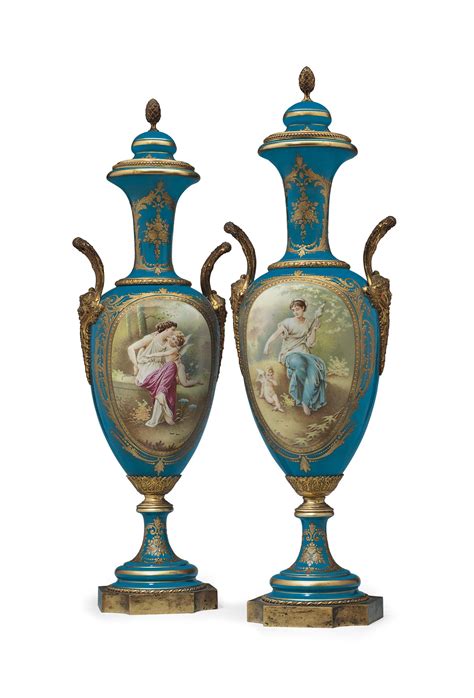 A Pair Of Ormolu Mounted Sevres Style Porcelain Teal Ground Vases And Covers Late 19th 20th