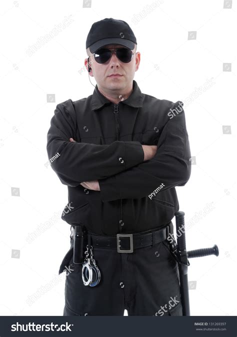 Policeman Security Guard Wearing Black Uniform Stock Photo 131269397