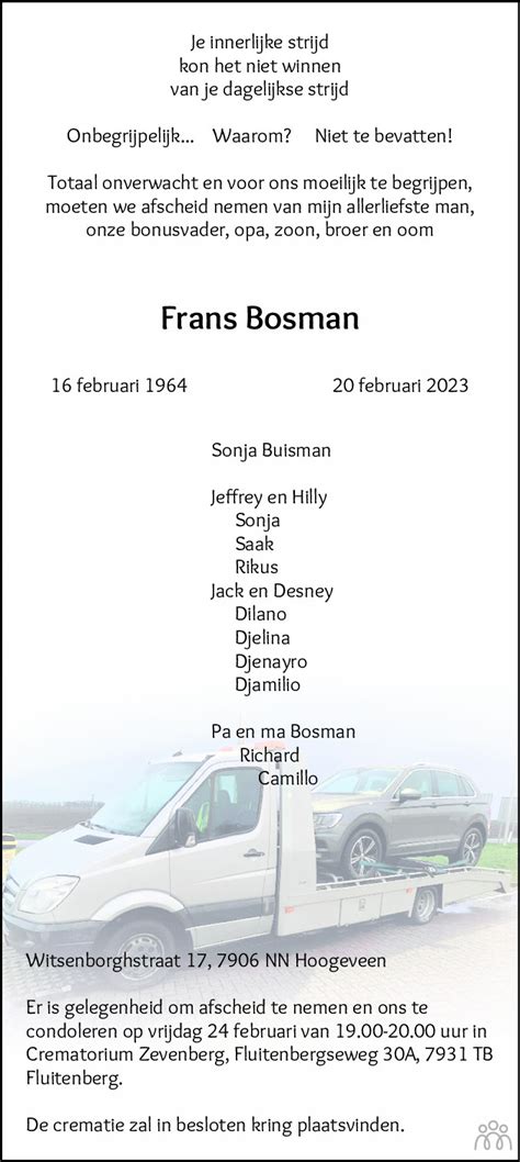 Frans Bosman 20 02 2023 Overlijdensbericht En Condoleances Mensenlinqnl