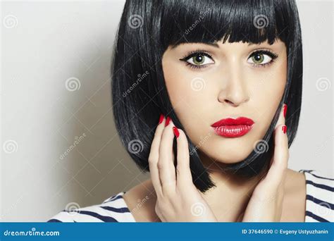Beautiful Brunette Girl Healthy Black Hair Bob Haircut Red Lips