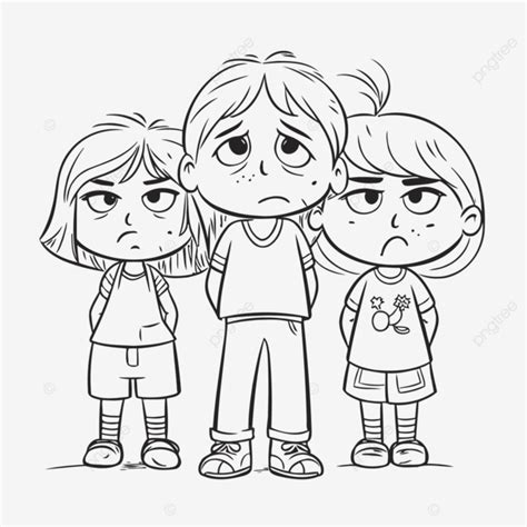 Dibujo De Niños Tristes Para Colorear Página Esquema Boceto Vector Png