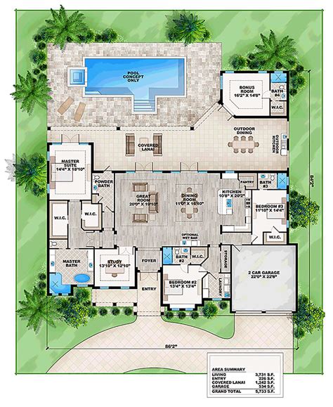 Florida Style House Plan 52912 With 3731 Sq Ft 4 Bed 4 Bath 1 Half Bath