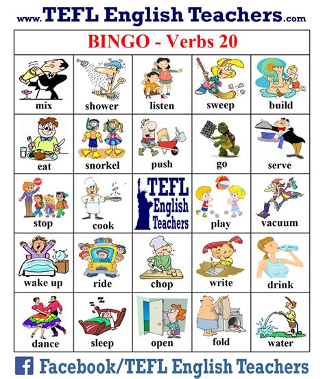 Tefl English Teachers Bingo Verbs Game Board 20 Of 20 Englische