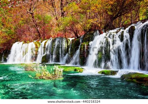 Beautiful Waterfall Azure Lake Crystal Clear Stock Photo 440218324