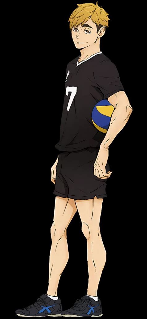 An Anime Character With Blonde Hair And Blue Shoes Holding A Volleyball