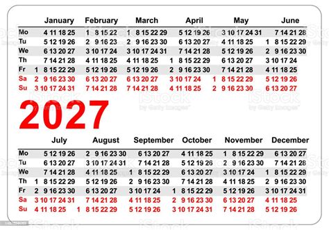 2027 Simple Horizontal Pocket Calendar Grid Template Isolated On White Vector Stock Illustration