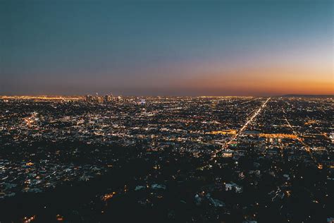 Aerial Wide View Over Glowing Los Angeles California City Lights Scape