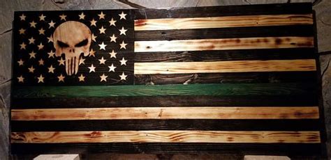 Wooden Punisher Thin Green Line Military American Wood Flag Thin