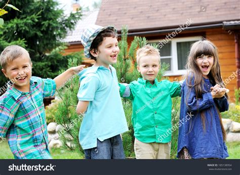 Group Happy Children Playing Outdoors Front Stock Photo 185138954