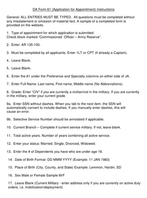 Instructions For Da Form 61 Application For Appointment Download