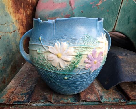1940s Roseville Pottery Cosmos Blue Jardiniere Vase Handles