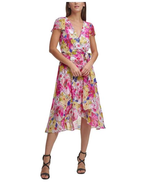 Dkny Synthetic Floral Print Flutter Sleeve Faux Wrap Midi Dress In Pink
