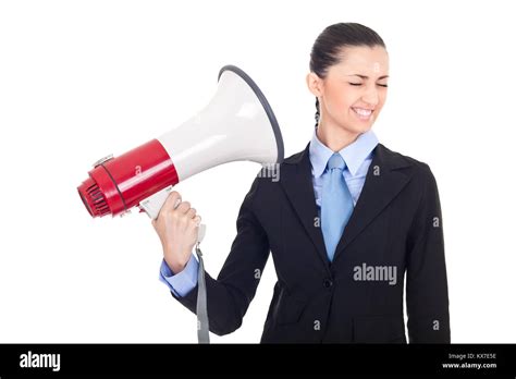 Boss Shouting Through Loud Speaker On Businesswoman Face Expression