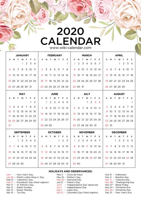 Free Printable 2020 Floral Calendar