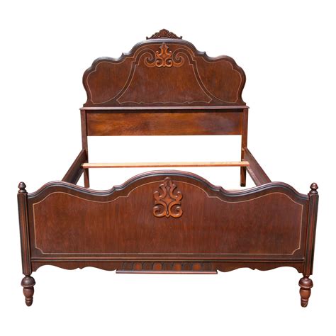 Vintage Jacobean Revival Art Deco Walnut Full Double Size Bed Frame