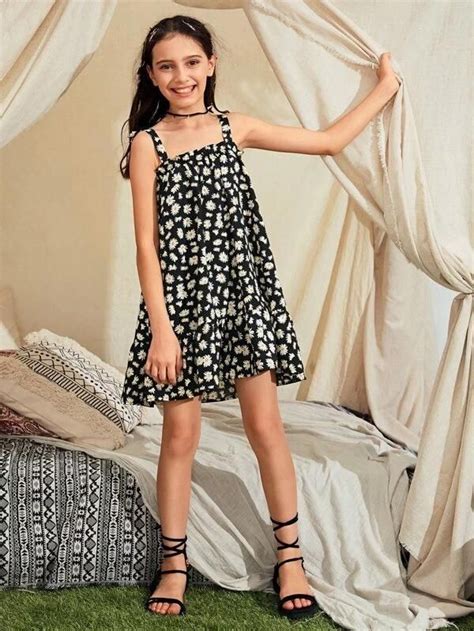 Girls Tied Shoulder Ruffle Trim Daisy Floral Dress In 2021 Tween