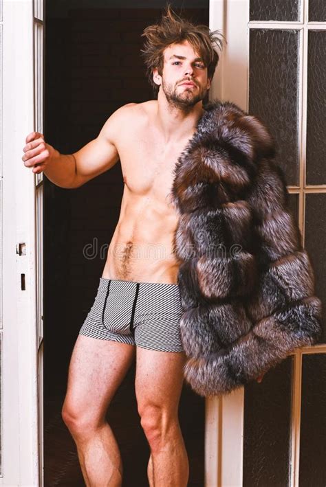 Bachelor Rich Lover Guy Attractive Posing Fur Coat On Naked Body Richness And Luxury Concept