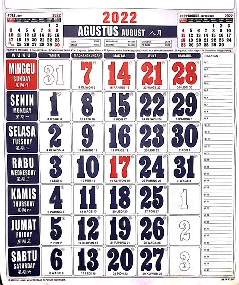 Kalender Agustus 2022 Lengkap dengan Tanggal Merah dan Keterangannya