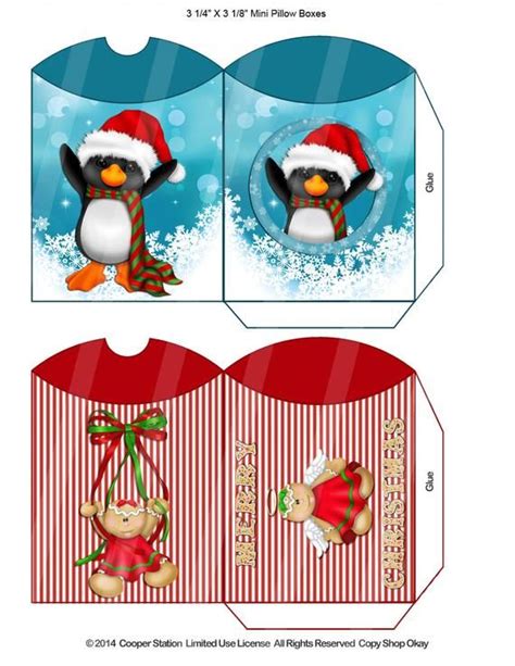 Digital Printable Christmas Mini Pillow Box Penguin And Gingerbread